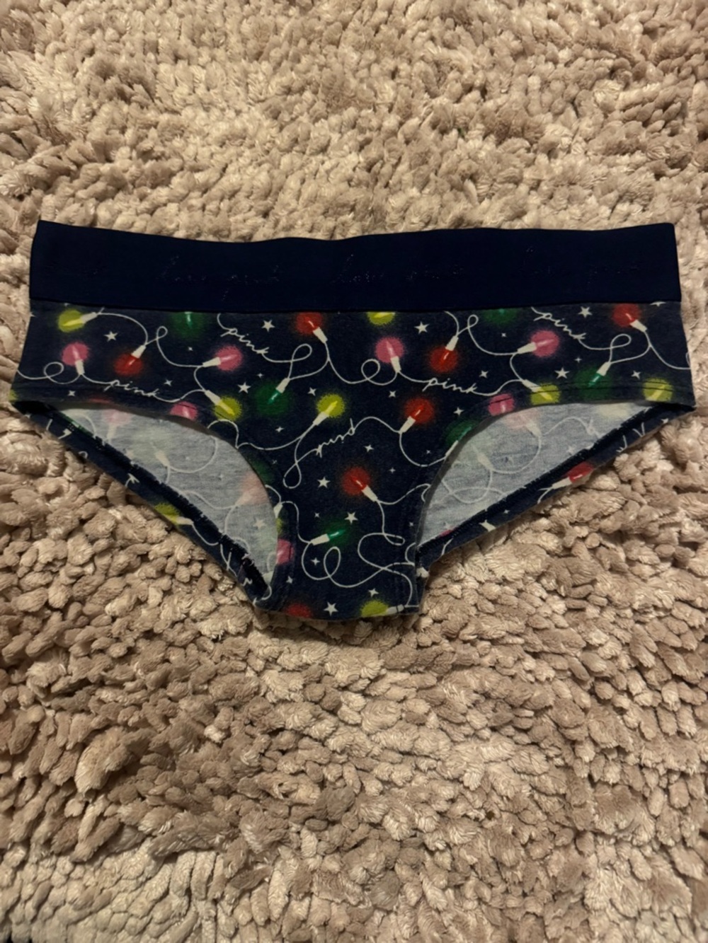 PINK Victoria's Secret Navy Hipster Panties with Multicolor Light Print